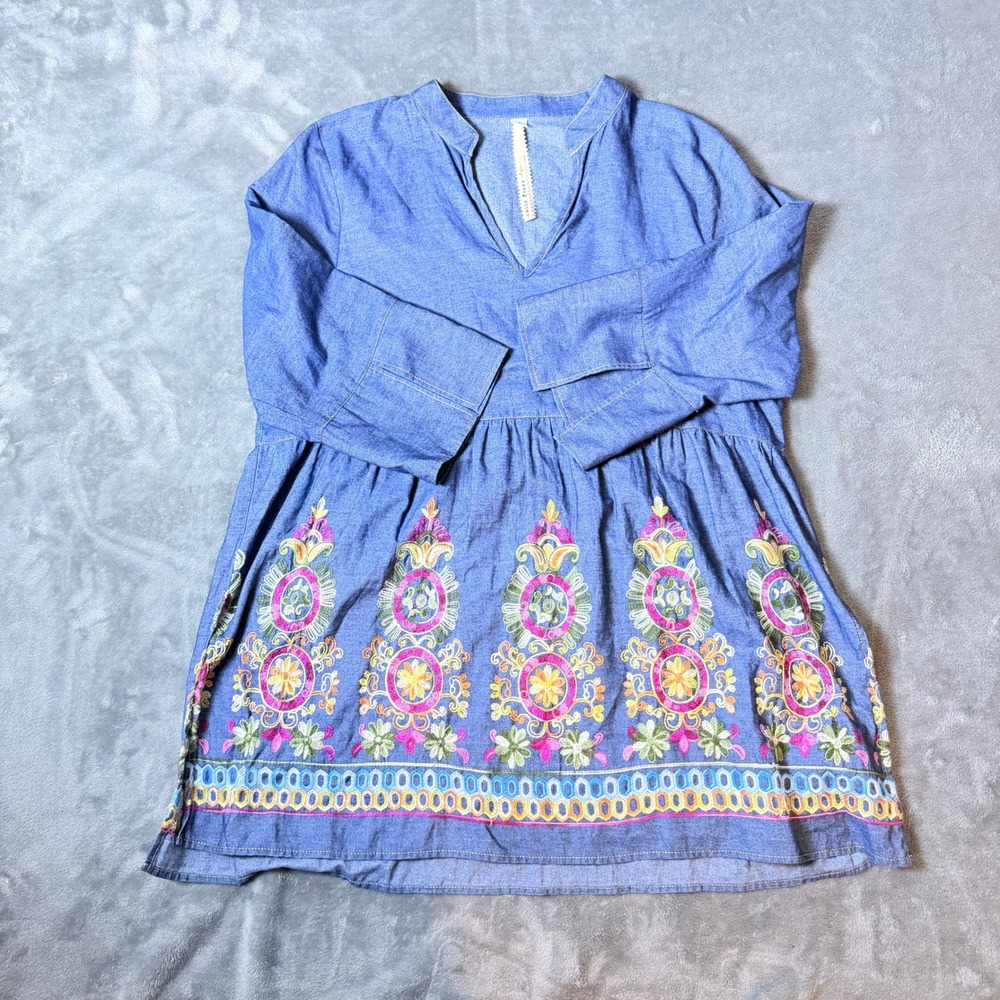 Uncle Frank Womens Embroidered Chambray Tunic Top Blue XL Boho Babydoll Blouse